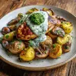 Creamy Garlic Mushroom Chicken Alfredo with Basil Pesto Potatoes Recipe