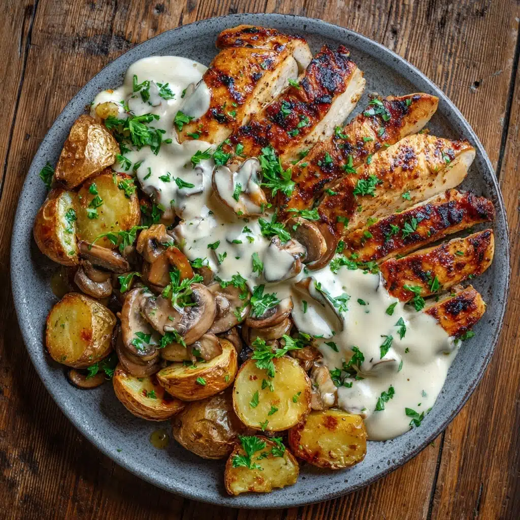Creamy Garlic Mushroom Chicken Alfredo with Basil Pesto Potatoes Recipe - Recipe Image