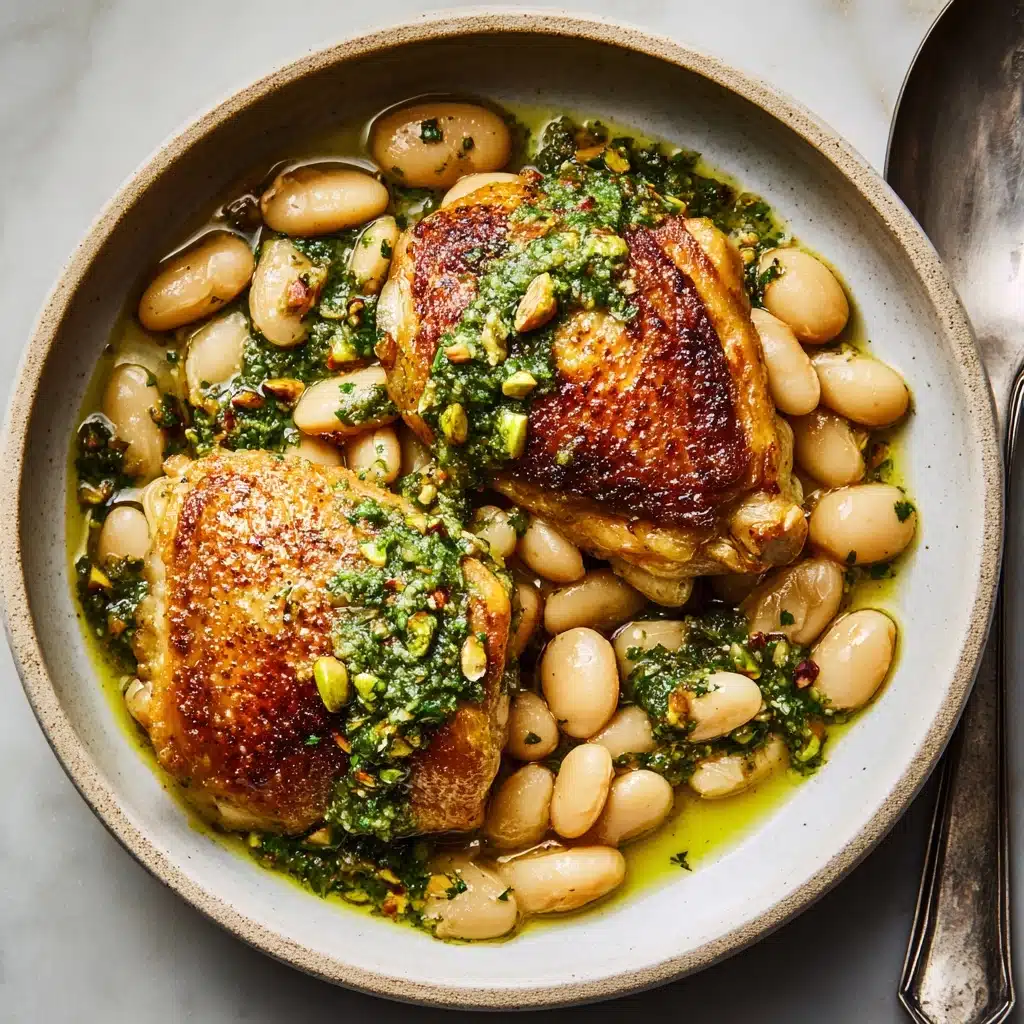 One-Pan Crispy Chicken with Cannellini Beans and Pistachio Pesto Recipe - Recipe Image