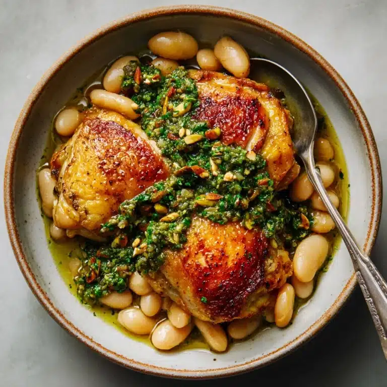 One-Pan Crispy Chicken with Cannellini Beans and Pistachio Pesto Recipe