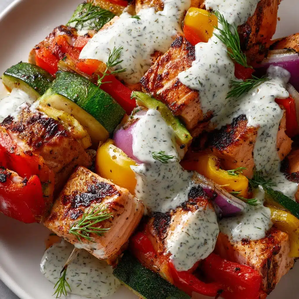 Grilled Salmon Skewers with Creamy Dill Yogurt Sauce Recipe - Recipe Image
