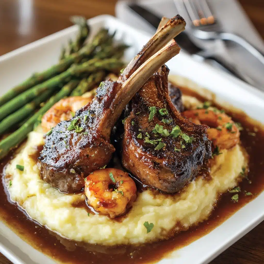 Succulent Lamb Chops Over Lobster Mashed Potatoes with Asparagus Recipe - Recipe Image