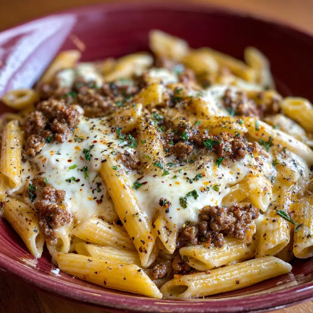 Cheesy Penne with Garlic Butter Ground Beef Recipe - Recipe Image