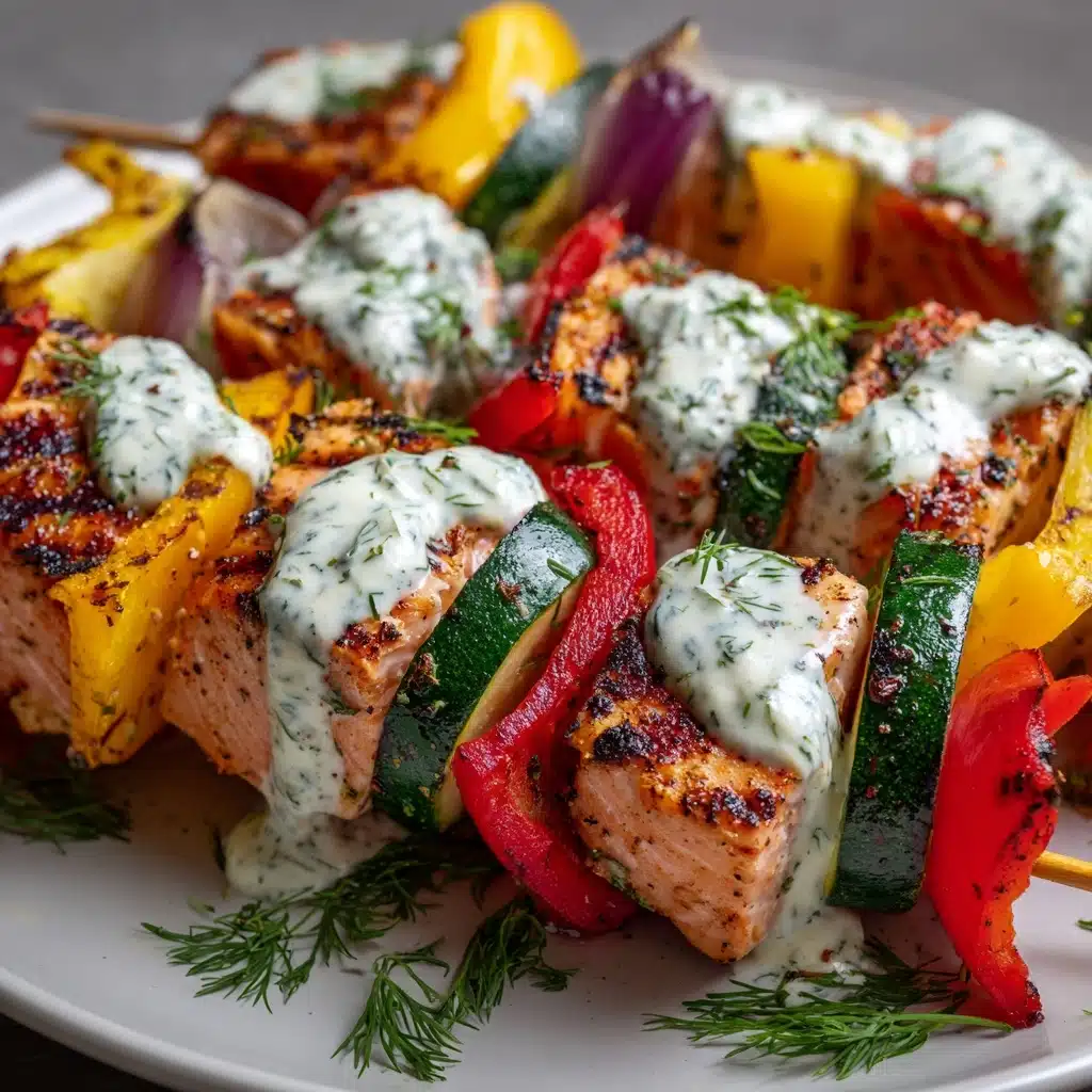 Grilled Salmon Skewers with Creamy Dill Yogurt Sauce Recipe - Recipe Image