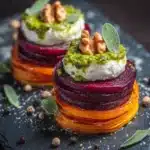 Sweet Potato Rounds with Burrata, Roasted Beets, and Walnut Sage Pesto Recipe