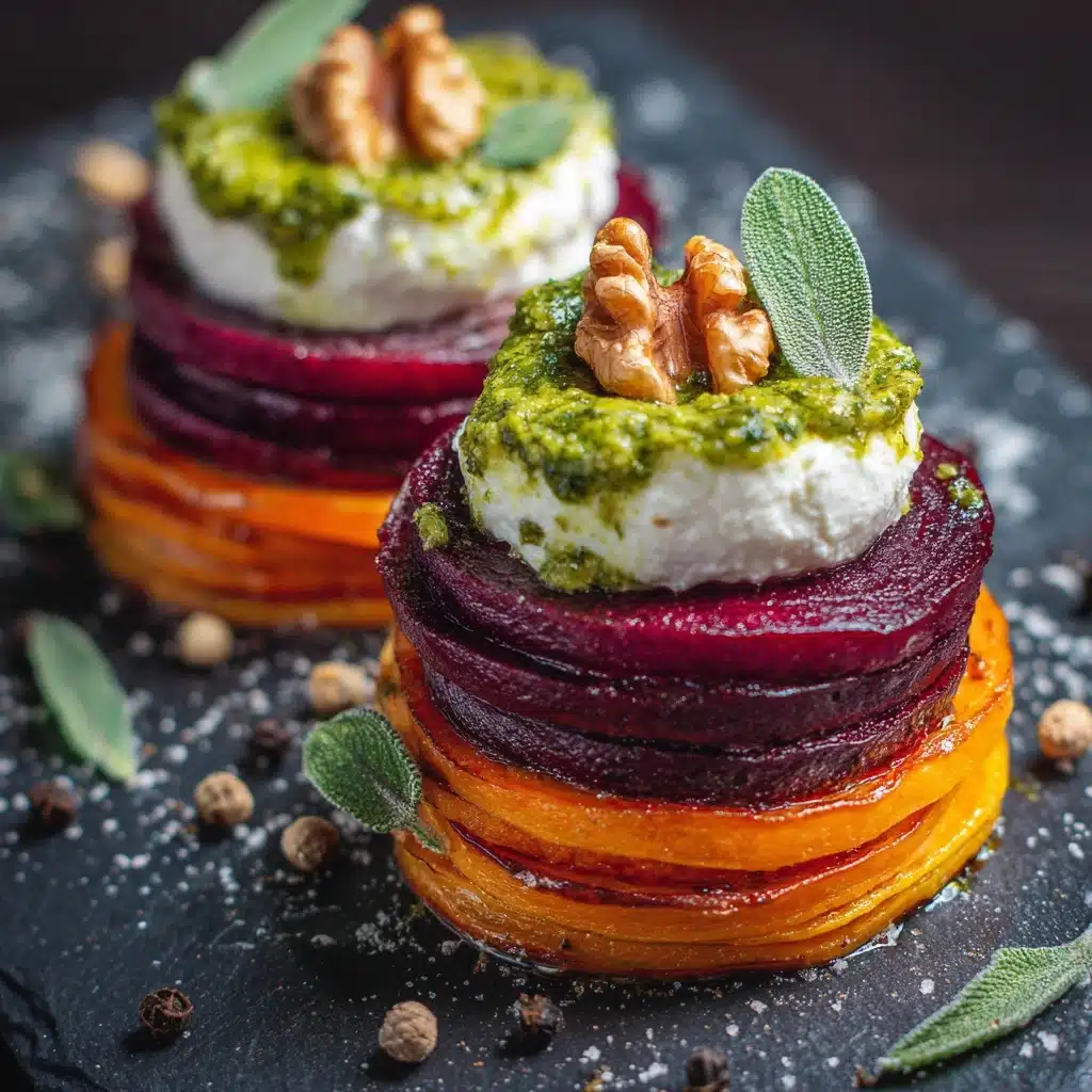 Sweet Potato Rounds with Burrata, Roasted Beets, and Walnut Sage Pesto Recipe - Recipe Image