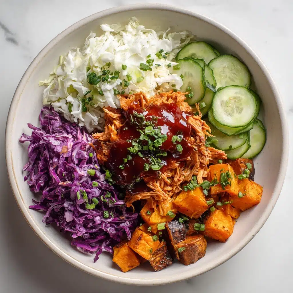 BBQ Chicken Bowls with Sweet Potatoes, Coleslaw, and Pickles Recipe - Recipe Image