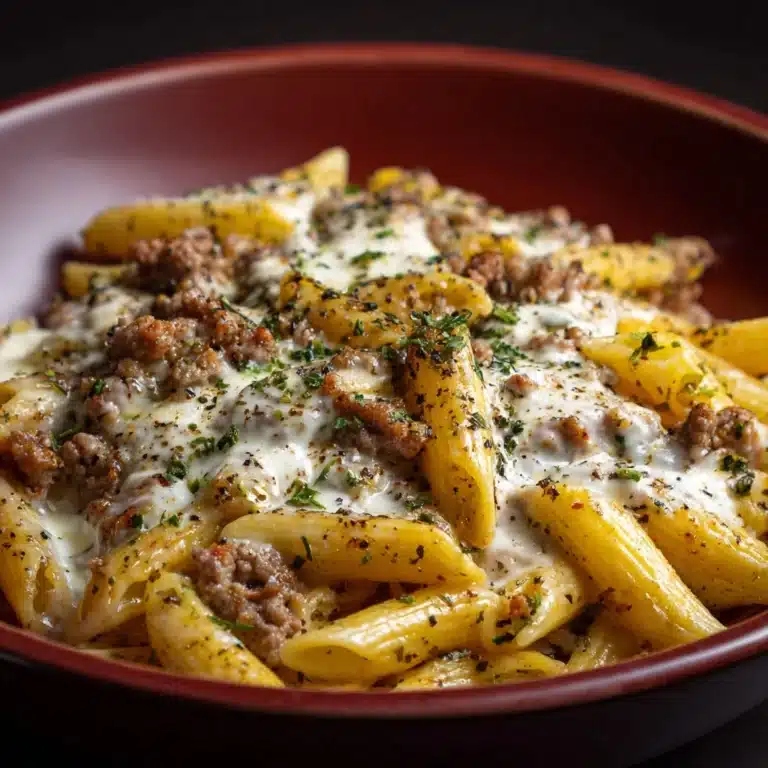 Cheesy Penne with Garlic Butter Ground Beef Recipe