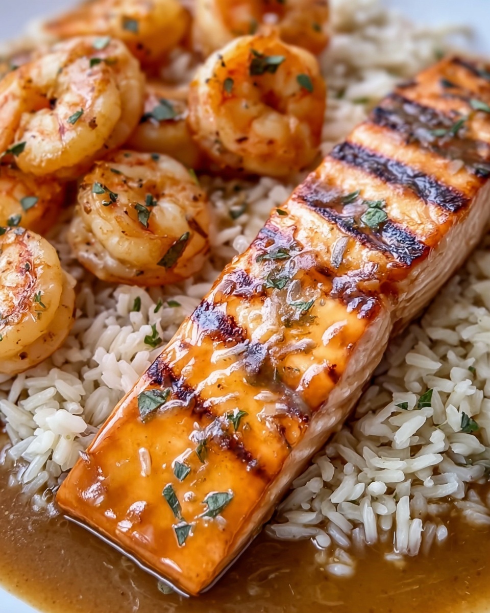 Honey Garlic Salmon & Shrimp over Garlic Butter Rice Recipe - Recipe Image
