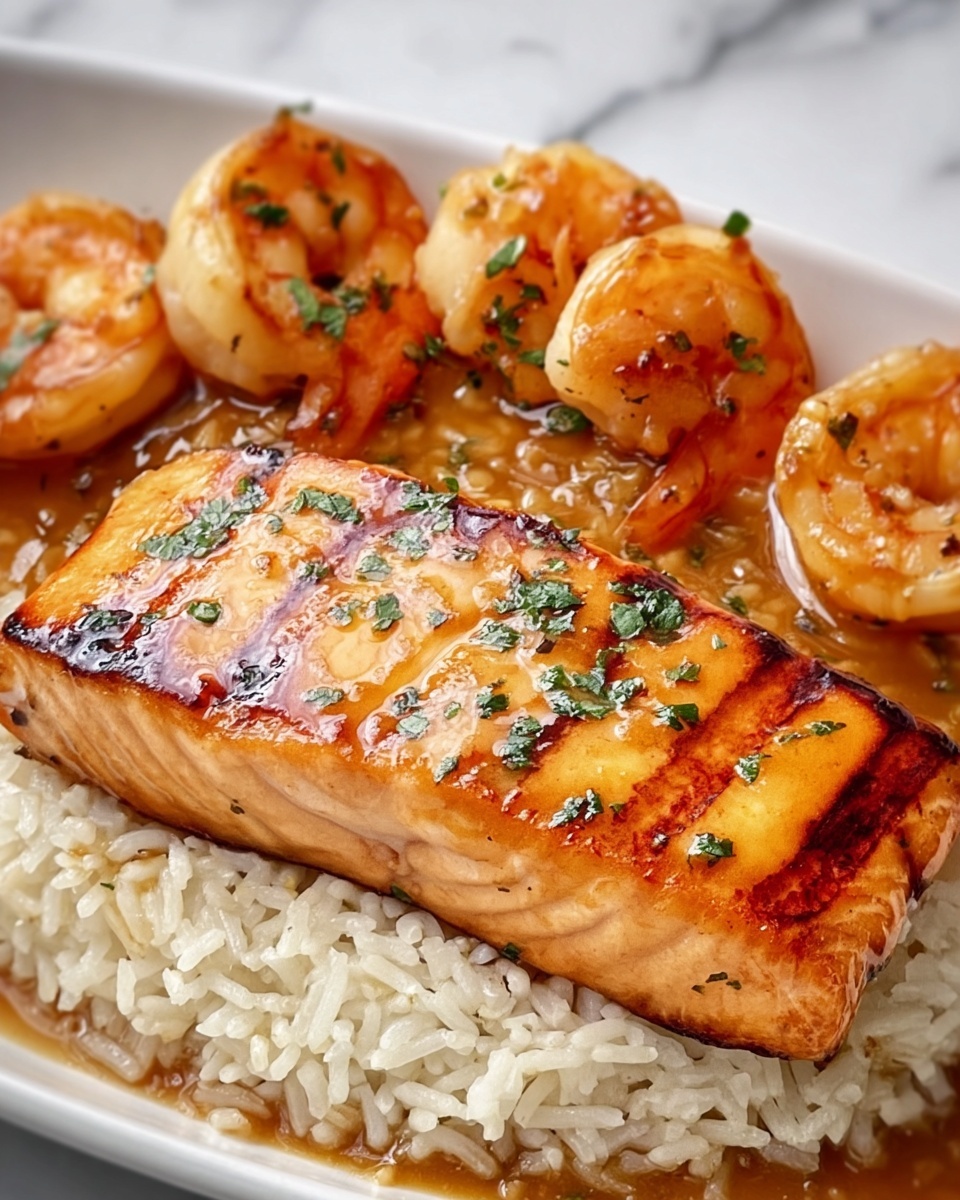 Honey Garlic Salmon & Shrimp over Garlic Butter Rice Recipe - Recipe Image